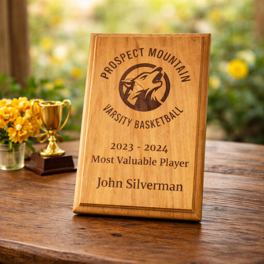 Wooden plaque for Prospect Mountain Varsity Basketball Most Valuable Player on a wooden table with flowers and a trophy.