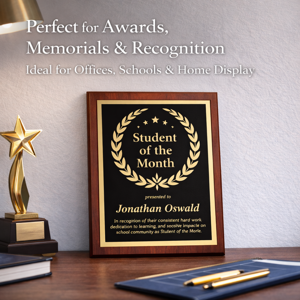 Framed 'Student of the Month' award on a desk with a trophy and pen.