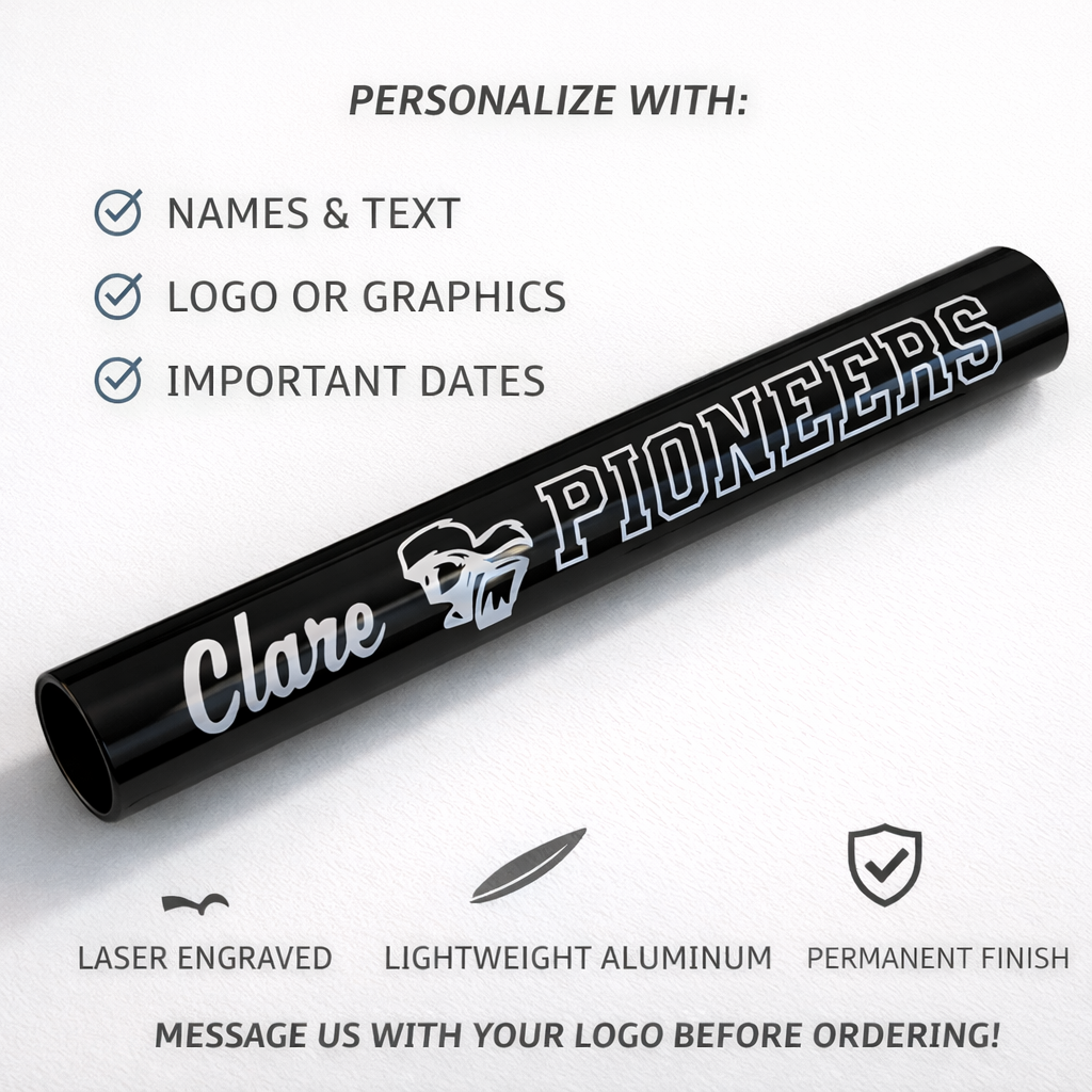 Black personalized relay baton with 'Clare Pioneers' text on a white background