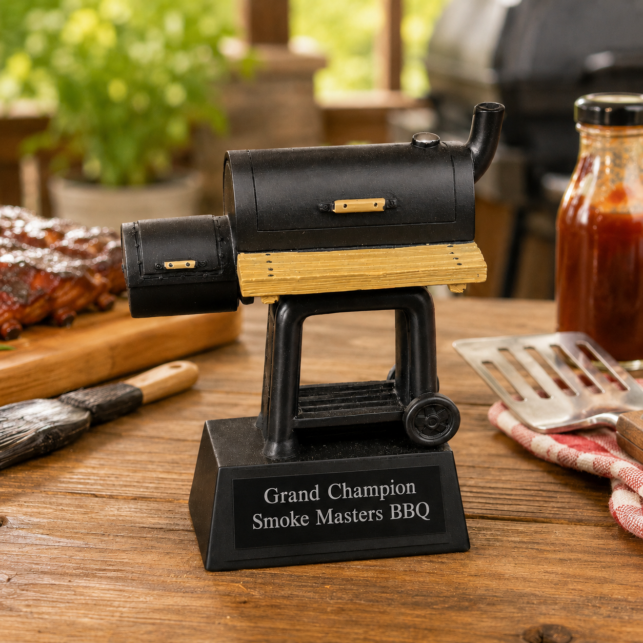 Model barbecue on a wooden table with 'Grand Champion Smoke Masters BBQ' plaque, surrounded by cooking utensils and ingredients.