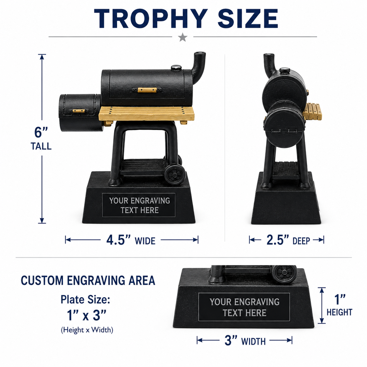 Trophy with dimensions and engraving details on a white background