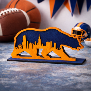 Chicago skyline bear mini wood shelf sign in navy and orange, freestanding desk and shelf decor