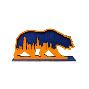 Chicago skyline bear mini wood shelf sign in navy and orange, freestanding desk and shelf decor