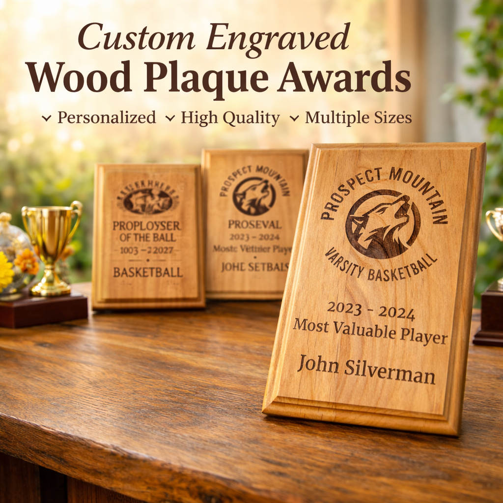 Custom engraved wood plaque award displayed on a wooden table, featuring a personalized MVP basketball design with name, season, and team logo, ideal for sports recognition and awards.
