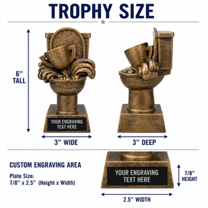 Trophy design with dimensions and engraving area on a white background