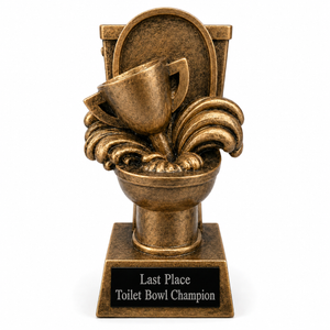 Bronze trophy with toilet bowl and cup design, labeled 'Last Place Toilet Bowl Champion' on a white background.