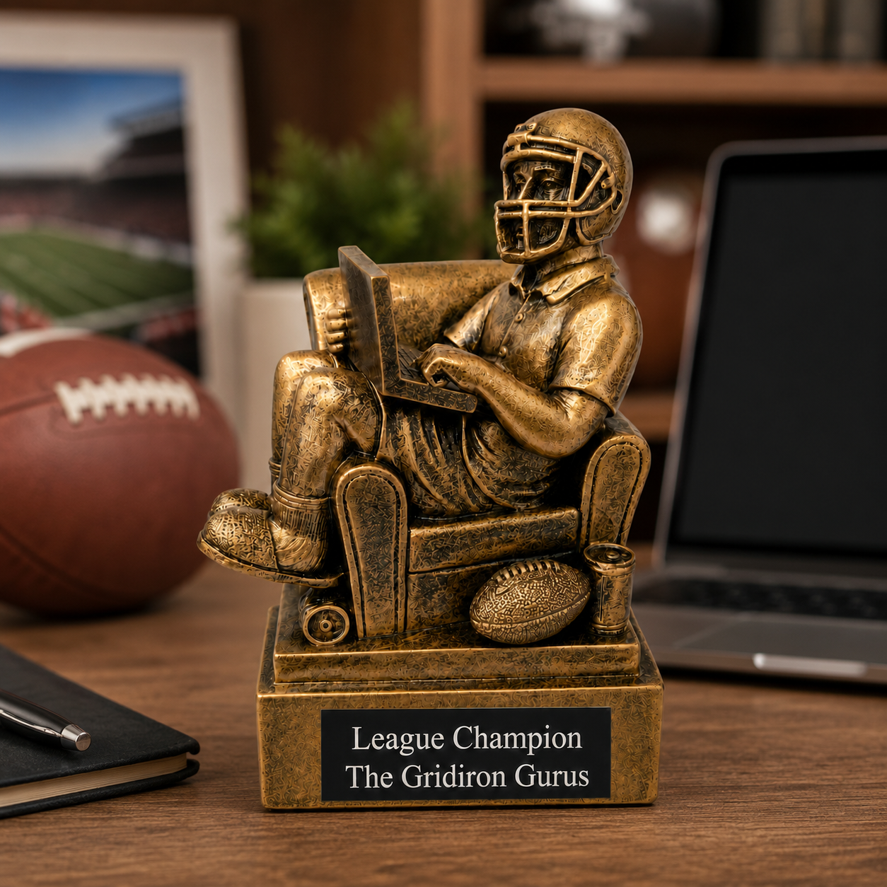 Bronze trophy of a football player on a laptop with sports-themed decor in the background