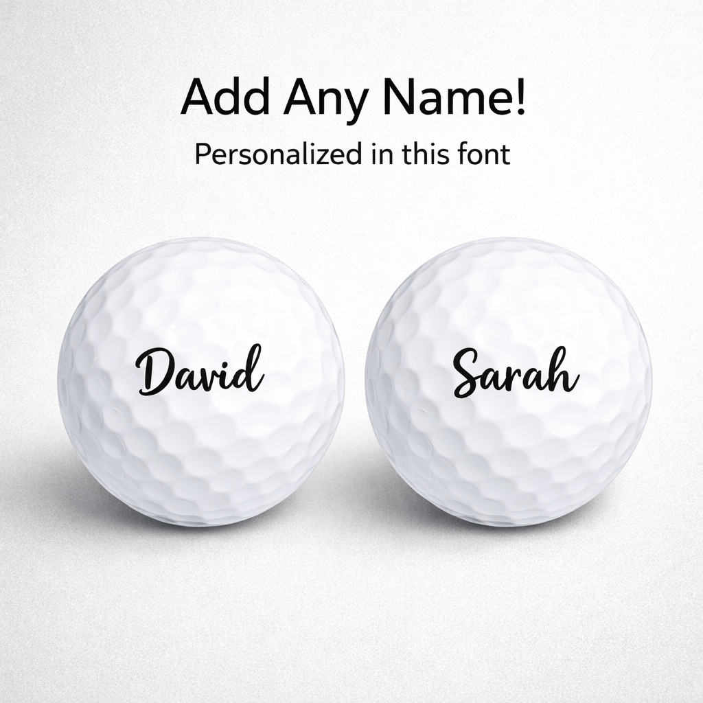 Two golf balls with personalized names 'David' and 'Sarah' on a white background.