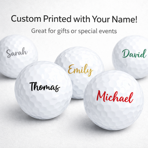 Five golf balls with personalized names printed on them against a white background.