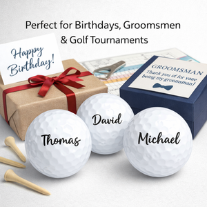 Personalized golf balls with names and gift packaging on a light background