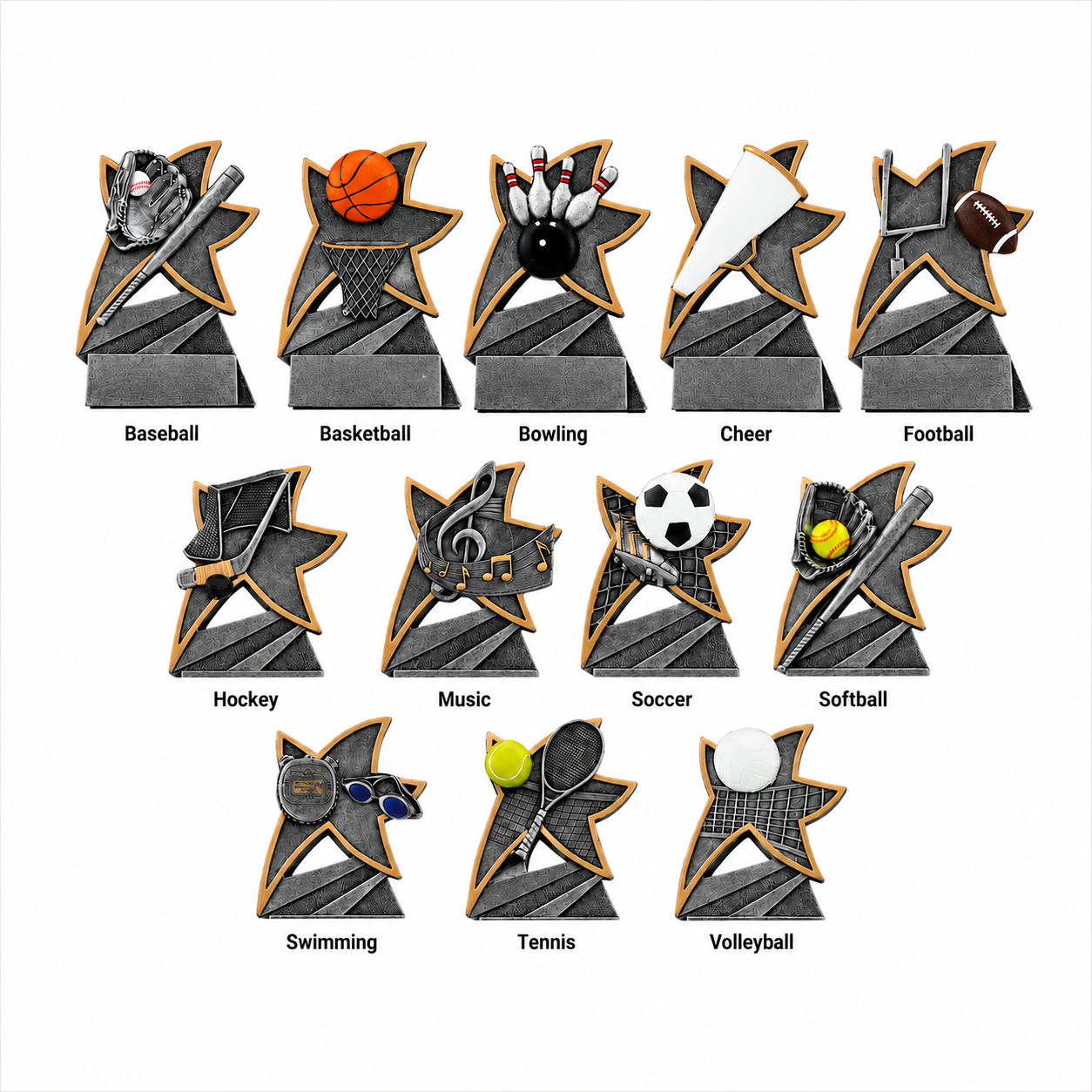 Jazz Series personalized sports trophies available in baseball, basketball, bowling, cheer, football, hockey, music, soccer, softball, swimming, tennis, and volleyball styles with custom engraved plate options.