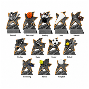 Jazz Series personalized sports trophies available in baseball, basketball, bowling, cheer, football, hockey, music, soccer, softball, swimming, tennis, and volleyball styles with custom engraved plate options.