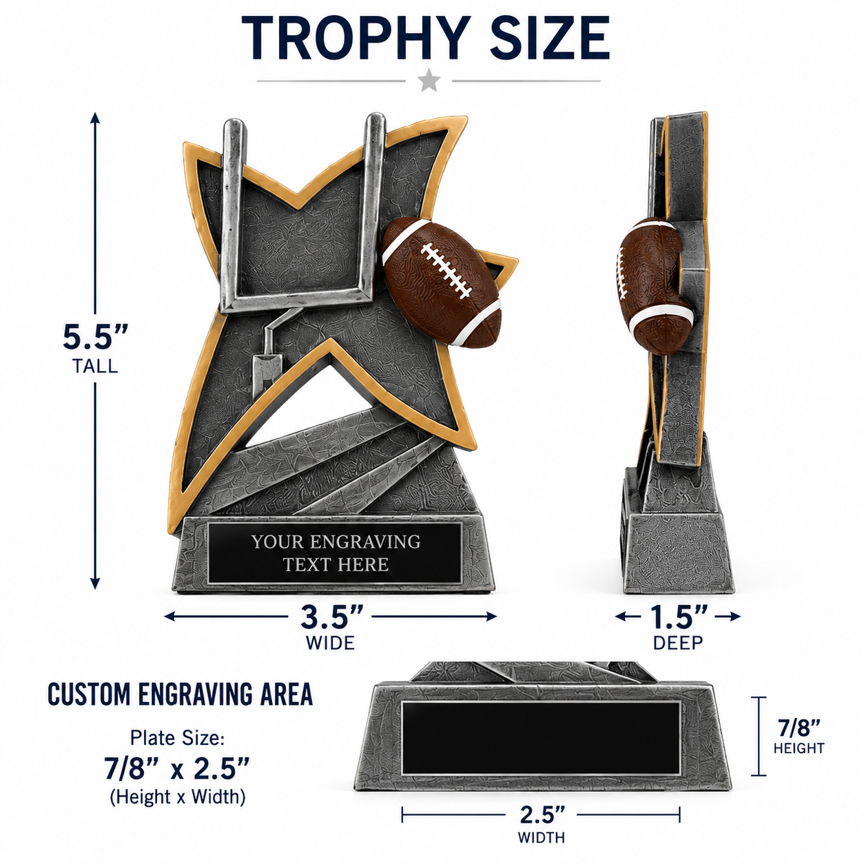 Size guide for the Jazz Series personalized sports trophy showing overall dimensions of 5.5 inches tall, 3.5 inches wide, 1.5 inches deep, and custom engraving plate size of 7/8 inch by 2.5 inches.