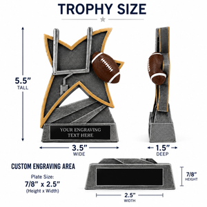 Size guide for the Jazz Series personalized sports trophy showing overall dimensions of 5.5 inches tall, 3.5 inches wide, 1.5 inches deep, and custom engraving plate size of 7/8 inch by 2.5 inches.