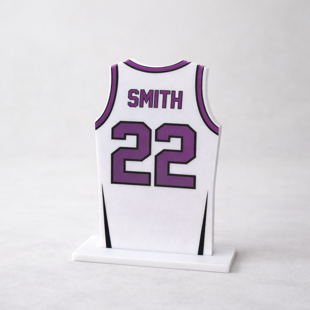 White basketball jersey with purple accents and 'Smith 22' on a white background