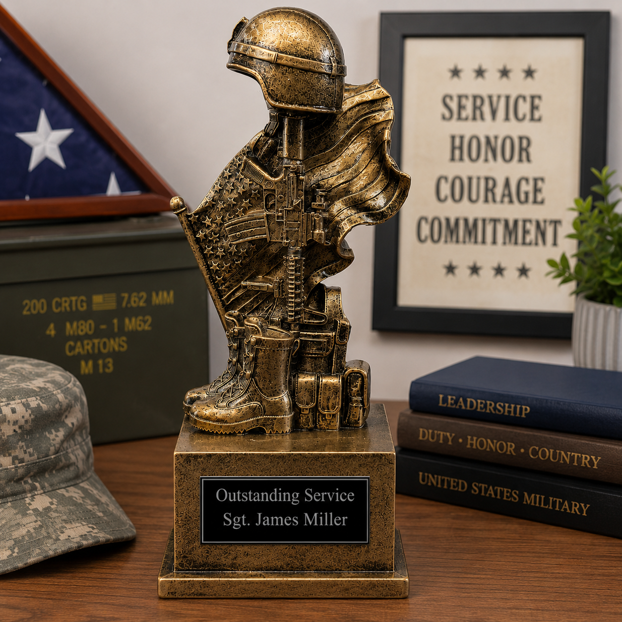 Bronze statue of a soldier on a wooden table with military-themed decor.