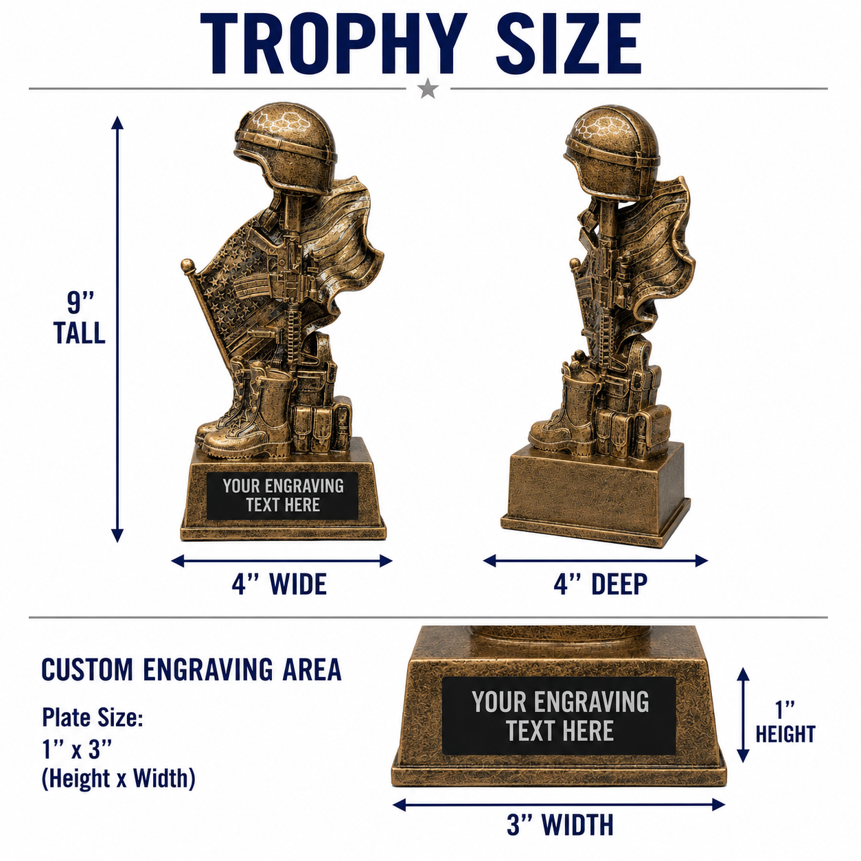 Bronze military-themed trophy with dimensions and engraving details on a white background