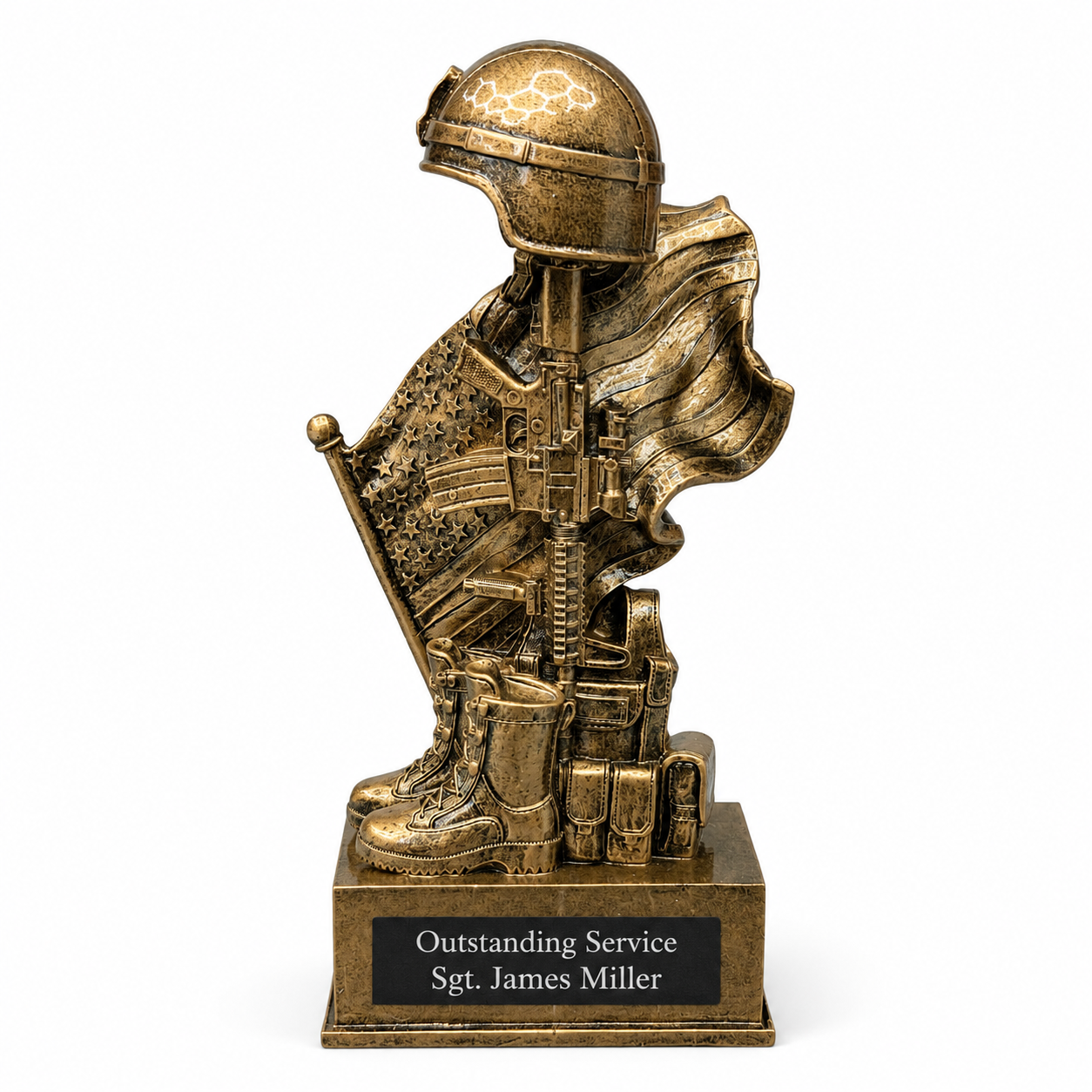 Personalized military service trophy with black engraved plate featuring silver text reading “Outstanding Service” and “Sgt. James Miller”.
