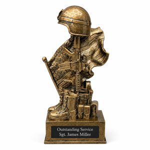 Personalized military service trophy with black engraved plate featuring silver text reading “Outstanding Service” and “Sgt. James Miller”.
