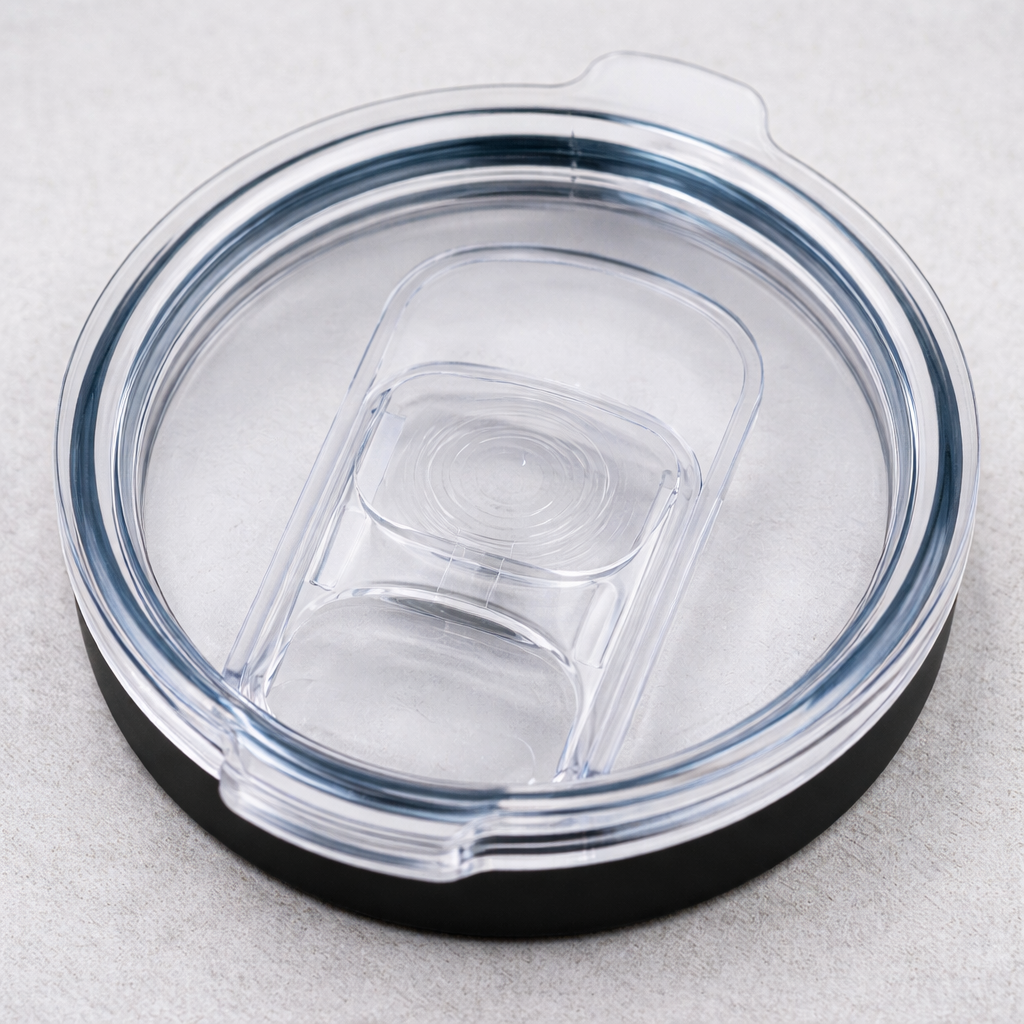 Clear lid with black base on a light gray background