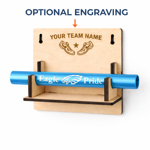 Wooden display shelf with blue tube labeled 'Eagle Pride' and option for engraving a team name.