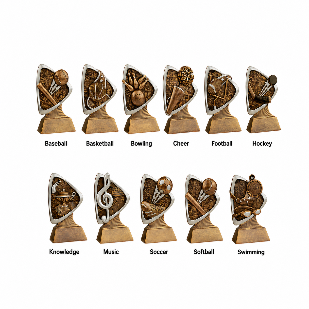 Set of bronze sports trophies with corresponding symbols and names on a white background