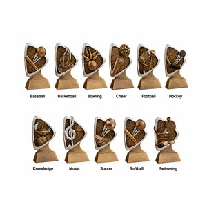 Set of bronze sports trophies with corresponding symbols and names on a white background