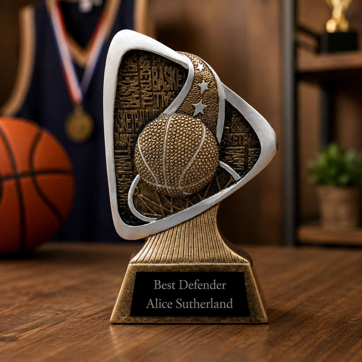 Trophy for 'Best Defender' with a basketball design on a wooden surface, blurred sports equipment in the background.