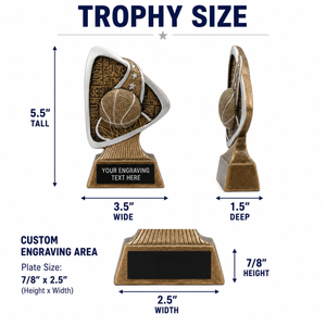 Basketball trophy with dimensions and engraving area details on a white background