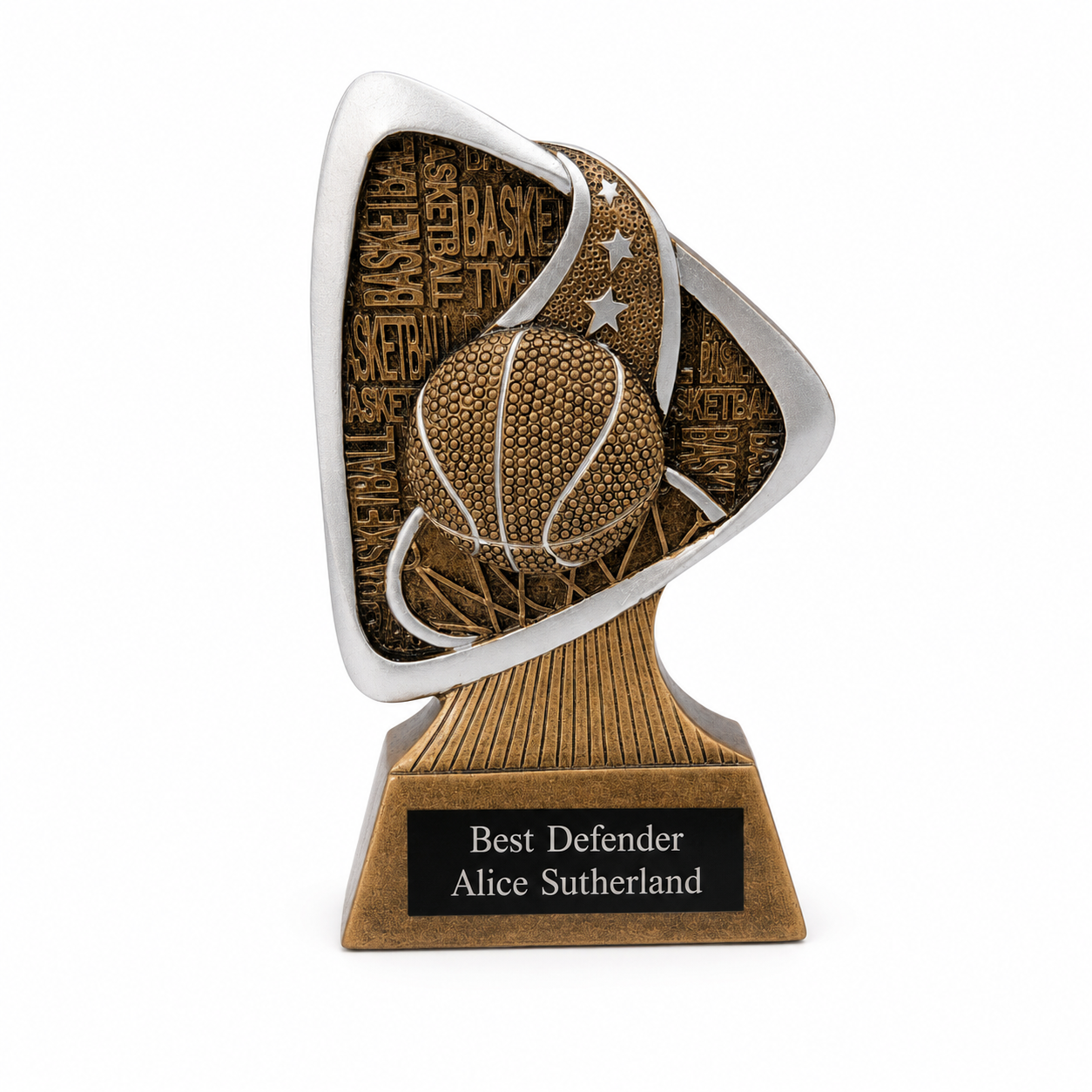 Basketball trophy with 'Best Defender Alice Sutherland' engraved on a white background