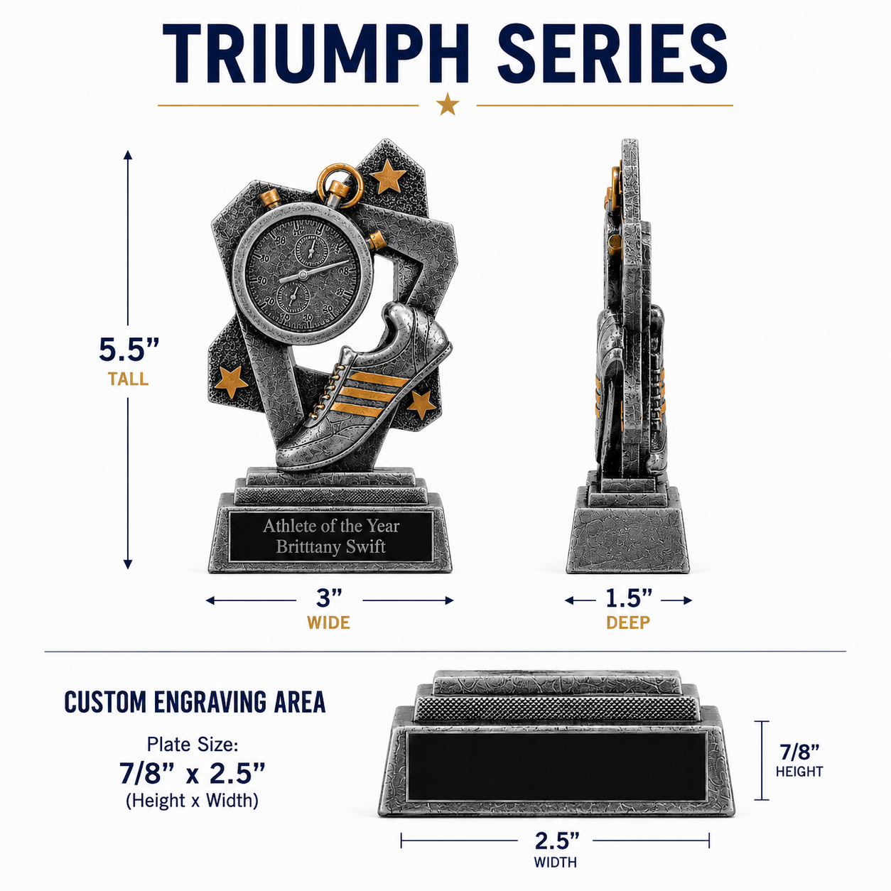 Triumph Series trophy with dimensions and engraving area details on a white background