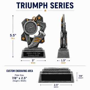 Triumph Series trophy with dimensions and engraving area details on a white background