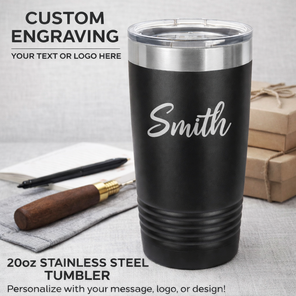 Black stainless steel tumbler with 'Smith' engraved on it, placed on a gray surface with a pen and boxes in the background.