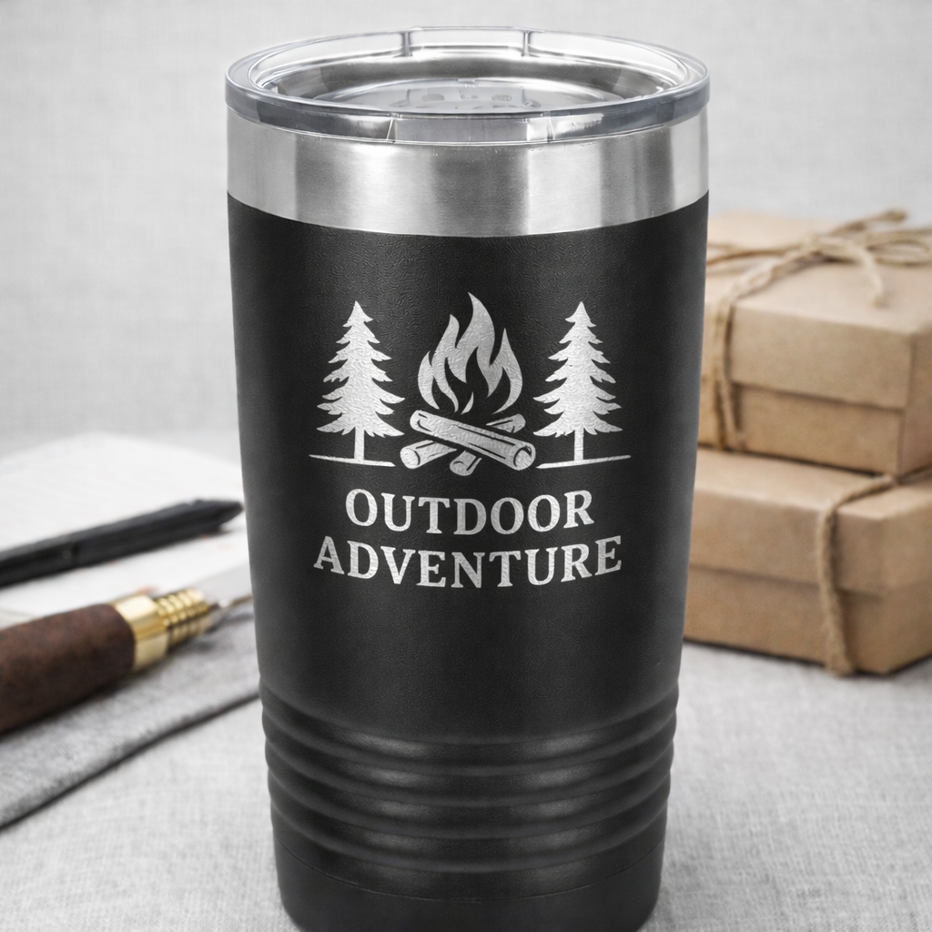 Black tumbler with 'Outdoor Adventure' and campfire design on a gray surface with brown boxes in the background.