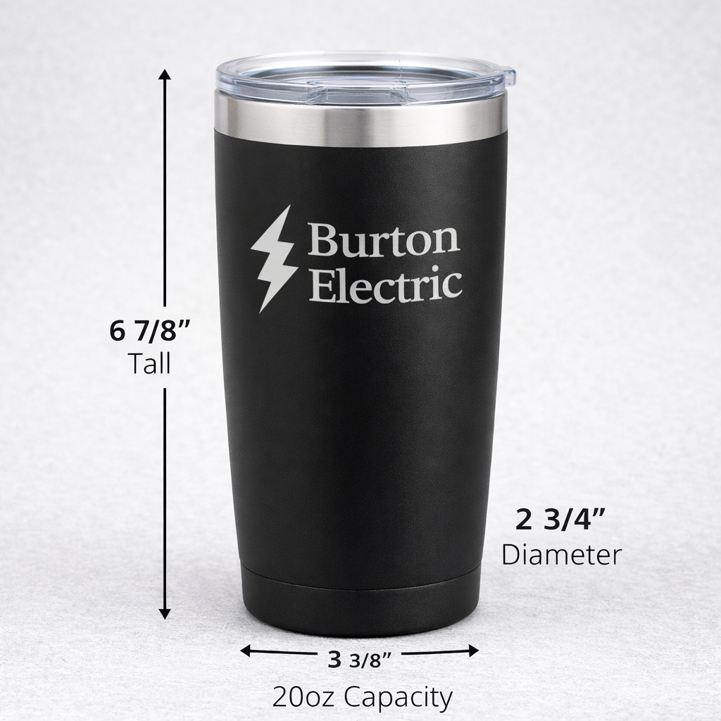 Black tumbler with 'Burton Electric' branding and measurements on a white background