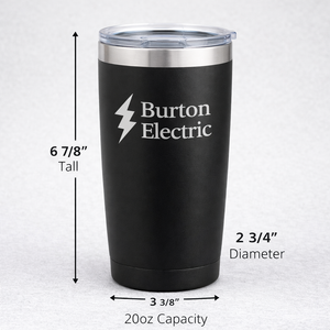 Black tumbler with 'Burton Electric' branding and measurements on a white background