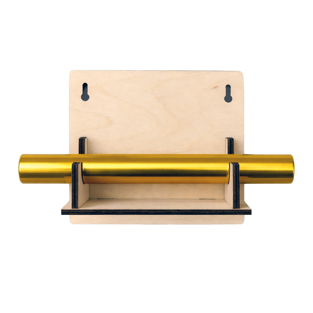 Wooden shelf with gold baton on a white background