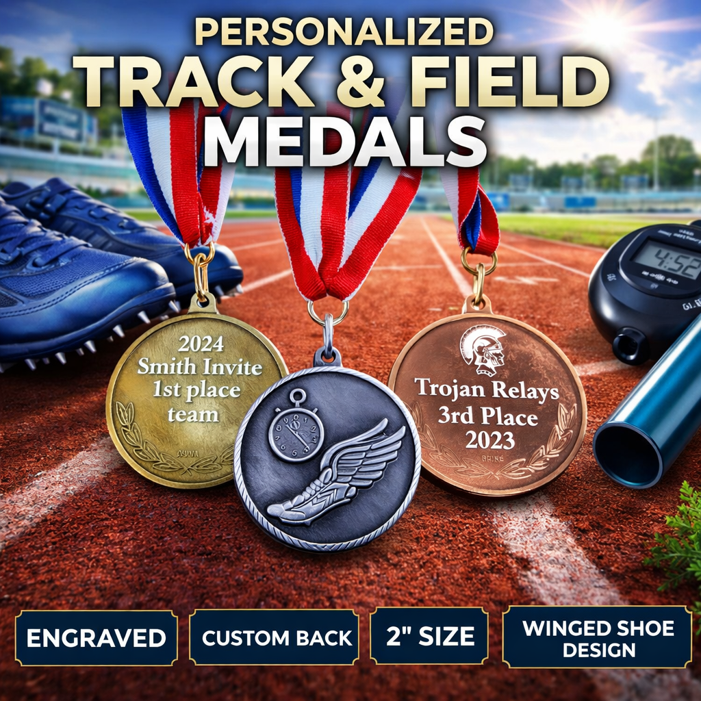 Personalized track and field medals on a track background with shoes and stopwatch.