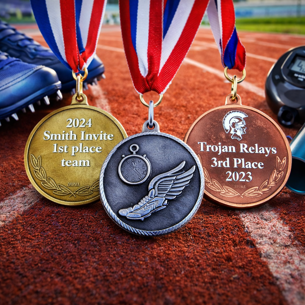 Three medals on a track and field track with ribbons, representing 1st, 2nd, and 3rd place finishes.