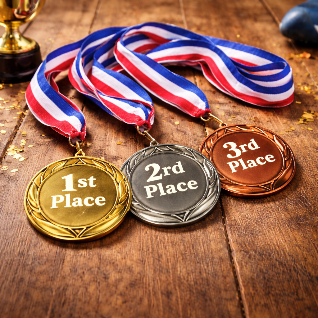 Gold, silver, and bronze medals with ribbons on a wooden surface