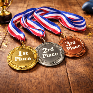 Gold, silver, and bronze medals with ribbons on a wooden surface